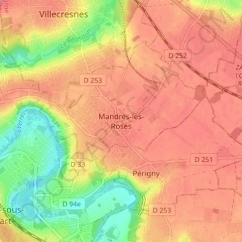 Mapa topográfico Mandres-les-Roses, altitude, relevo