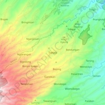 Mapa topográfico Tretep, altitude, relevo