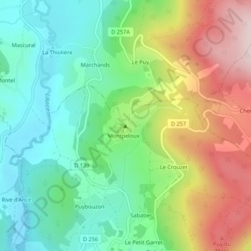 Mapa topográfico Volcan du Montpeloux, altitude, relevo
