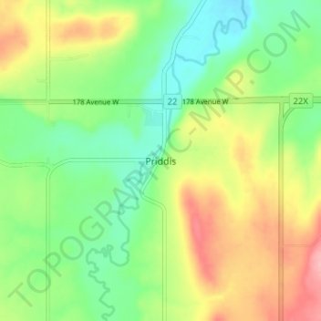 Mapa topográfico Priddis, altitude, relevo
