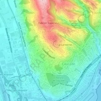 Mapa topográfico Corniche Fleurie, altitude, relevo