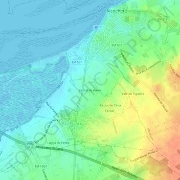 Mapa topográfico Cercal de Baixo, altitude, relevo