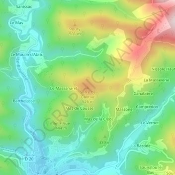Mapa topográfico Serre de Cabriac, altitude, relevo