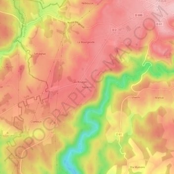 Mapa topográfico Nozières, altitude, relevo