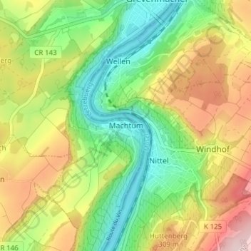 Mapa topográfico Machtum, altitude, relevo