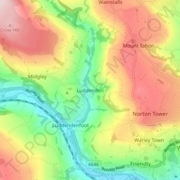 Mapa topográfico Luddenden, altitude, relevo