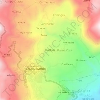 Mapa topográfico Huallhuas, altitude, relevo