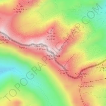 Mapa topográfico Pic d'Anéou, altitude, relevo