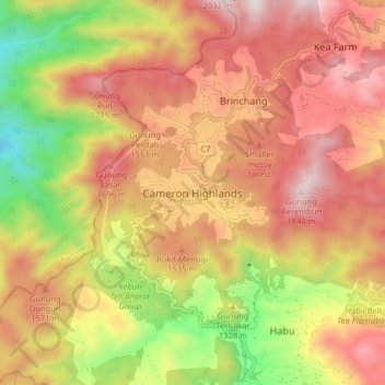 Mapa topográfico Cameron Highlands, altitude, relevo
