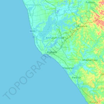 Mapa topográfico Kollam, altitude, relevo