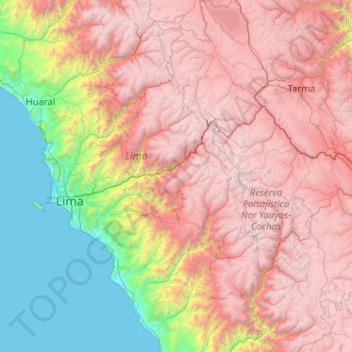 Mapa topográfico Huarochirí, altitude, relevo
