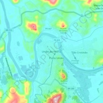 Mapa topográfico União da Vitória, altitude, relevo