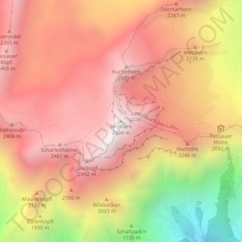Mapa topográfico Birnhorn, altitude, relevo