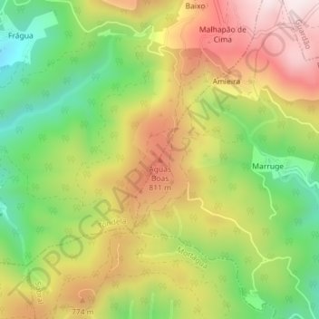 Mapa topográfico Águas Boas, altitude, relevo
