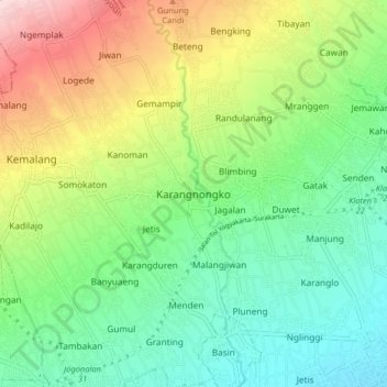 Mapa topográfico Karangnongko, altitude, relevo