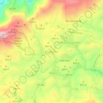 Mapa topográfico Forquilha, altitude, relevo