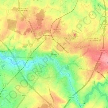 Mapa topográfico Cholet, altitude, relevo
