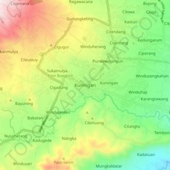 Mapa topográfico Kuningan, altitude, relevo