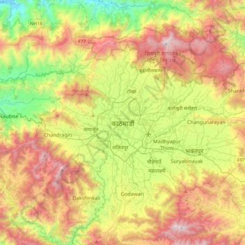 Mapa topográfico Catmandu, altitude, relevo