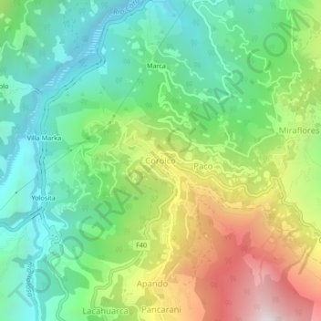 Mapa topográfico Coroico, altitude, relevo