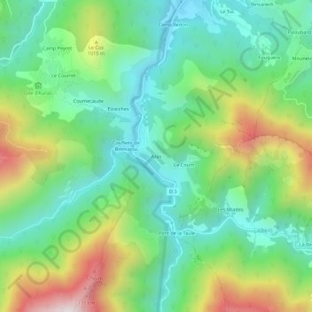 Mapa topográfico Azas, altitude, relevo