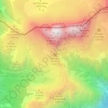 Mapa topográfico Forcella Longeres, altitude, relevo