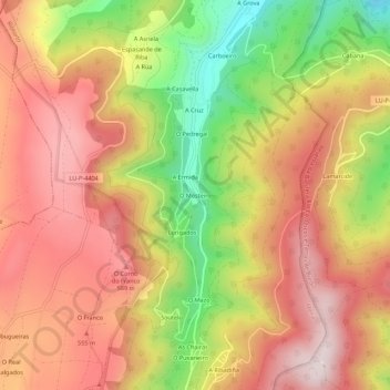 Mapa topográfico O Mosteiro, altitude, relevo
