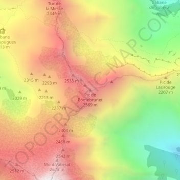 Mapa topográfico Pic de Pomebrunet, altitude, relevo