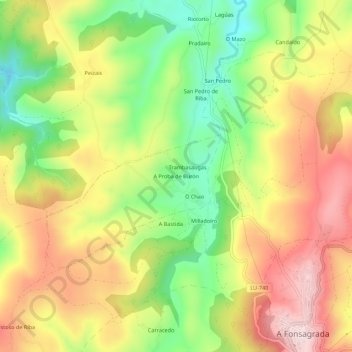 Mapa topográfico A Proba de Burón, altitude, relevo
