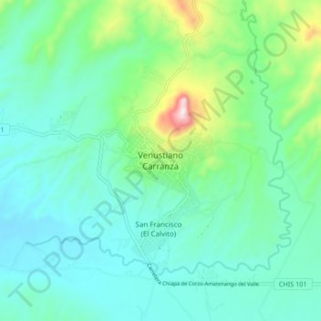 Mapa topográfico Venustiano Carranza, altitude, relevo