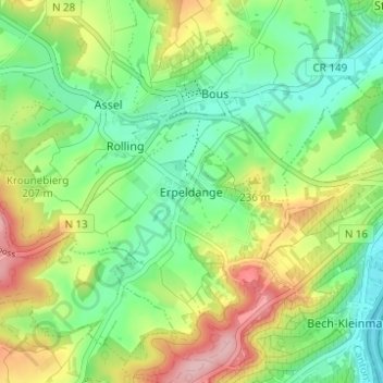 Mapa topográfico Erpeldange, altitude, relevo