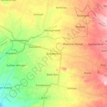 Mapa topográfico Sukowono, altitude, relevo