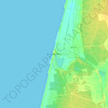 Mapa topográfico Praia de Mira, altitude, relevo