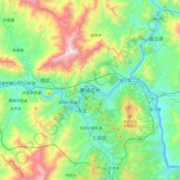 Mapa topográfico Panzhihua, altitude, relevo