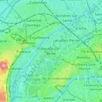Mapa topográfico Neuilly-sur-Seine, altitude, relevo