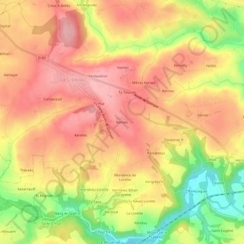 Mapa topográfico Kervao, altitude, relevo