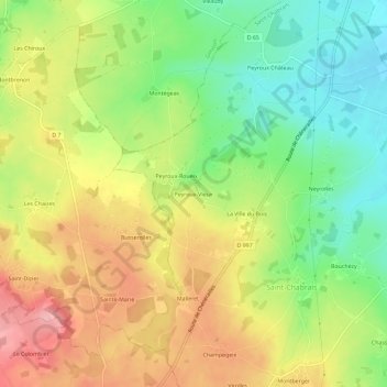 Mapa topográfico Peyroux-Vieux, altitude, relevo