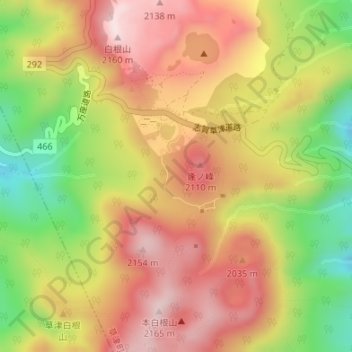 Mapa topográfico 草津白根山, altitude, relevo