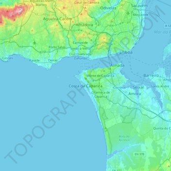 Mapa topográfico Costa da Caparica, altitude, relevo