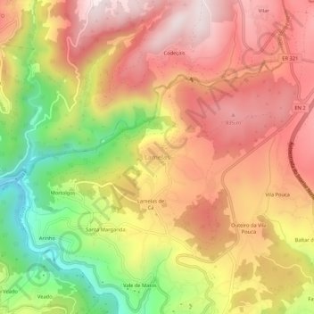 Mapa topográfico Lamelas, altitude, relevo