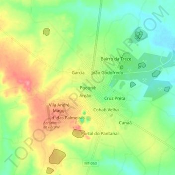 Mapa topográfico Poconé, altitude, relevo