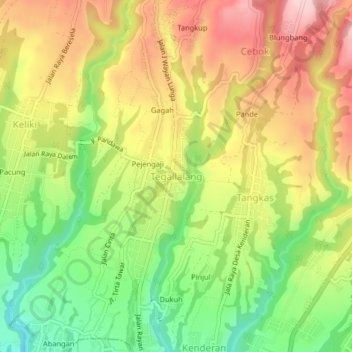Mapa topográfico Tegallalang, altitude, relevo