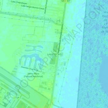Mapa topográfico Lagos del Sol, altitude, relevo