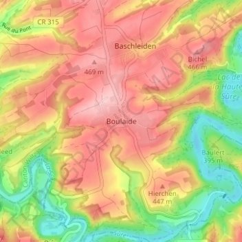 Mapa topográfico Boulaide, altitude, relevo