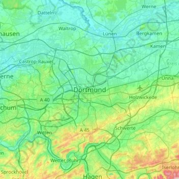 Mapa topográfico Dortmund, altitude, relevo