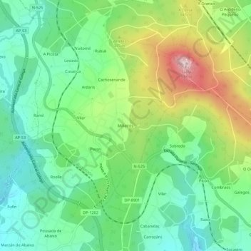 Mapa topográfico Milleiros, altitude, relevo