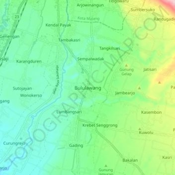 Mapa topográfico Bululawang, altitude, relevo