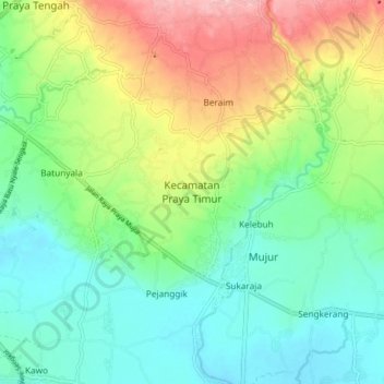 Mapa topográfico Kecamatan Praya Timur, altitude, relevo