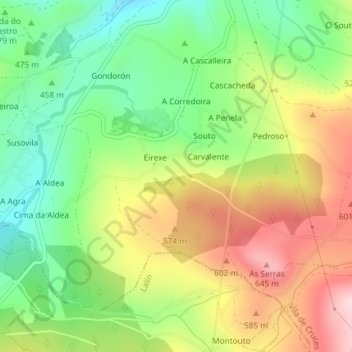 Mapa topográfico Peno Mouro, altitude, relevo