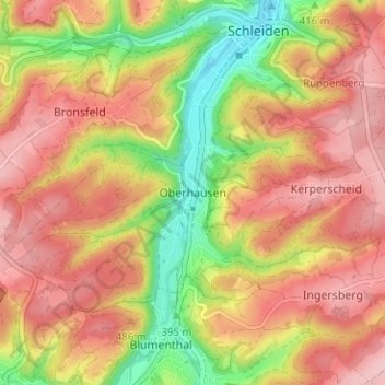 Mapa topográfico Oberhausen, altitude, relevo